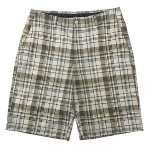 Ben Hogan Ivory Tan Gray Plaid Shorts Flat Front Performance Stretch Sz 32 Poly
